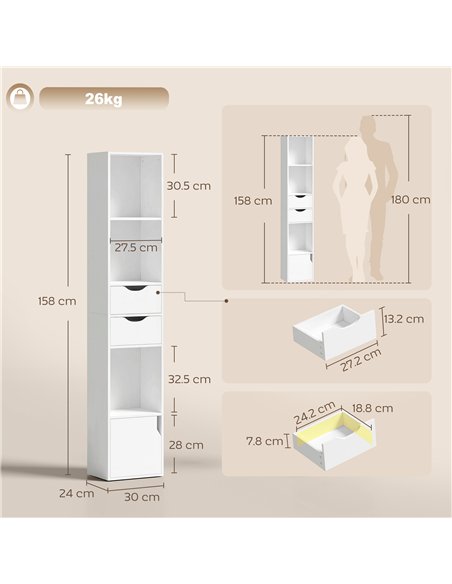 HOMCOM Bookcase with Drawers Adjustable Shelf Bookshelf with 2 Drawers and Cabinet 158 cm White - pic 184849 | FastDaddyshop