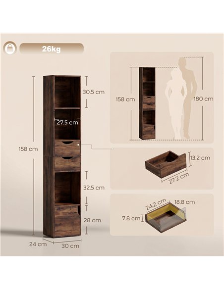 HOMCOM Bookcase with Drawers Adjustable Shelf Bookshelf with 2 Drawers and Cabinet 158 cm Rustic Brown - pic 184858 | FastDaddyshop