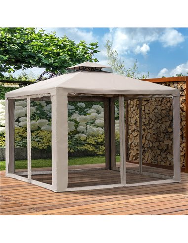 Outsunny Outdoor Garden Gazebo Tent, 2-tier Roof with Netting, Taupe