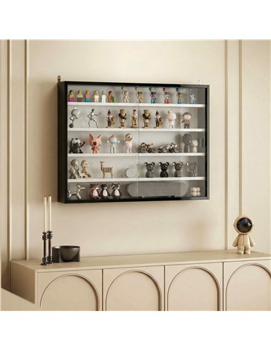 HOMCOM 5-Tier Wall Display Cabinet,  Wall Mounted Display Case w/ 4 Adjustable Shelves, Glass Doors, 60x80cm, Black and White