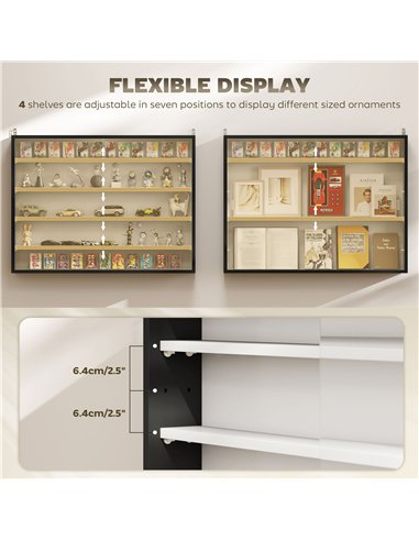 HOMCOM 5-Tier Wall Display Cabinet,  Wall Mounted Display Case w/ 4 Adjustable Shelves, Glass Doors, 60x80cm, Black and White