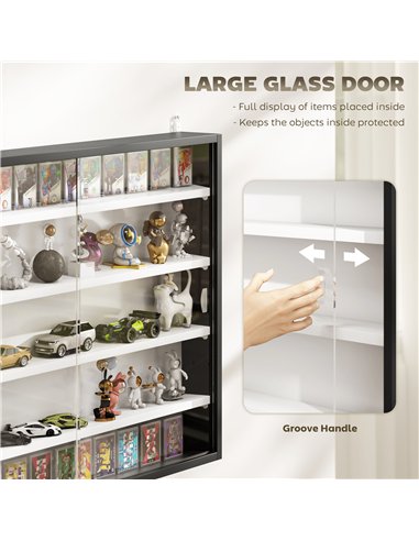 HOMCOM 5-Tier Wall Display Cabinet,  Wall Mounted Display Case w/ 4 Adjustable Shelves, Glass Doors, 60x80cm, Black and White