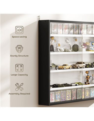 HOMCOM 5-Tier Wall Display Cabinet,  Wall Mounted Display Case w/ 4 Adjustable Shelves, Glass Doors, 60x80cm, Black and White
