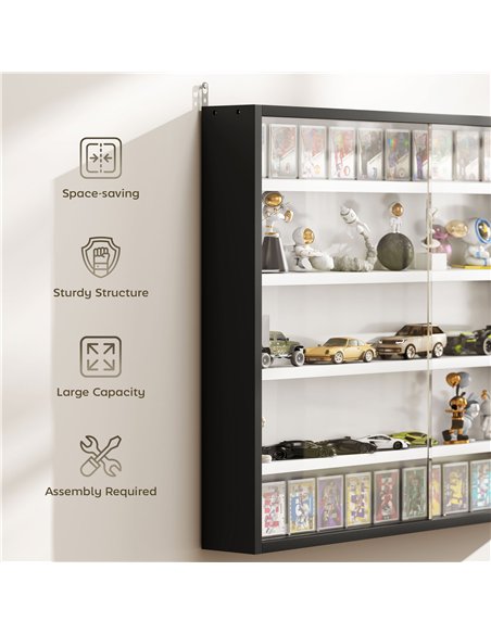 HOMCOM 5-Tier Wall Display Cabinet,  Wall Mounted Display Case w/ 4 Adjustable Shelves, Glass Doors, 60x80cm, Black and White - pic 184870 | FastDaddyshop