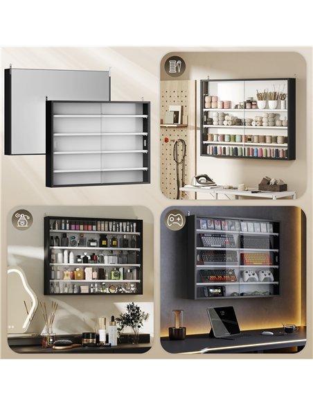 HOMCOM 5-Tier Wall Display Cabinet,  Wall Mounted Display Case w/ 4 Adjustable Shelves, Glass Doors, 60x80cm, Black and White - pic 184871 | FastDaddyshop
