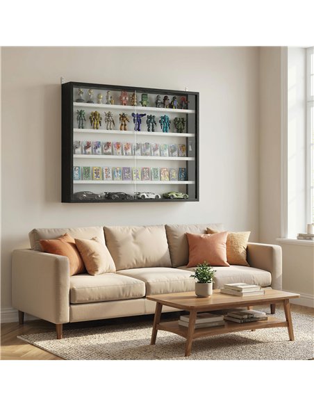 HOMCOM 5-Tier Wall Display Cabinet,  Wall Mounted Display Case w/ 4 Adjustable Shelves, Glass Doors, 60x80cm, Black and White - pic 184872 | FastDaddyshop