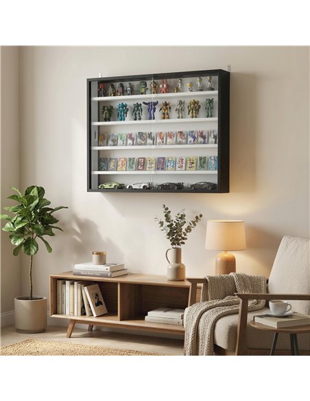 HOMCOM 5-Tier Wall Display Cabinet,  Wall Mounted Display Case w/ 4 Adjustable Shelves, Glass Doors, 60x80cm, Black and White - pic 184873 | FastDaddyshop