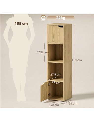 HOMCOM Narrow Bookcase, 4-Tier Bookshelf, Storage Cabinet with doors for Living Room, Bedroom, Oak