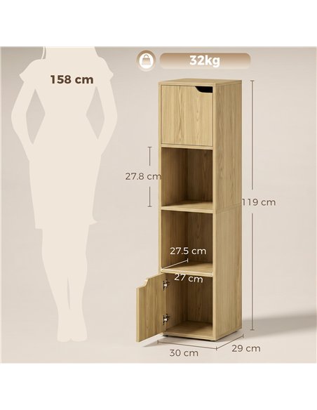HOMCOM Narrow Bookcase, 4-Tier Bookshelf, Storage Cabinet with doors for Living Room, Bedroom, Oak - pic 184876 | FastDaddyshop