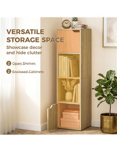 HOMCOM Narrow Bookcase, 4-Tier Bookshelf, Storage Cabinet with doors for Living Room, Bedroom, Oak