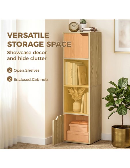 HOMCOM Narrow Bookcase, 4-Tier Bookshelf, Storage Cabinet with doors for Living Room, Bedroom, Oak - pic 184877 | FastDaddyshop