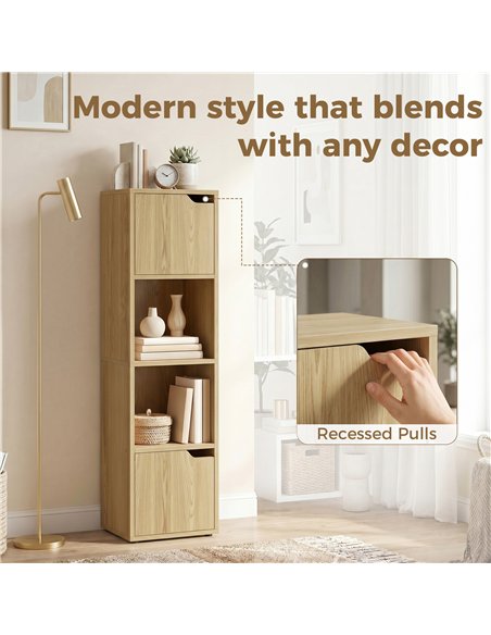 HOMCOM Narrow Bookcase, 4-Tier Bookshelf, Storage Cabinet with doors for Living Room, Bedroom, Oak - pic 184878 | FastDaddyshop