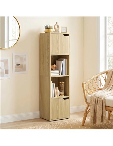 HOMCOM Narrow Bookcase, 4-Tier Bookshelf, Storage Cabinet with doors for Living Room, Bedroom, Oak