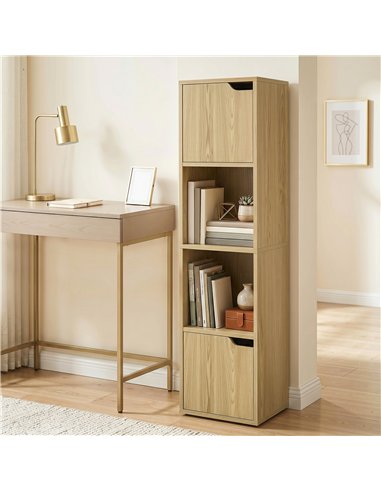 HOMCOM Narrow Bookcase, 4-Tier Bookshelf, Storage Cabinet with doors for Living Room, Bedroom, Oak
