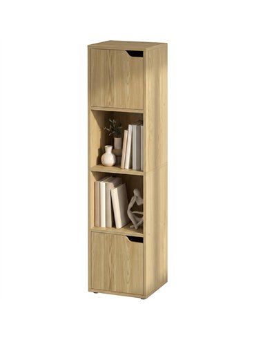 HOMCOM Narrow Bookcase, 4-Tier Bookshelf, Storage Cabinet with doors for Living Room, Bedroom, Oak