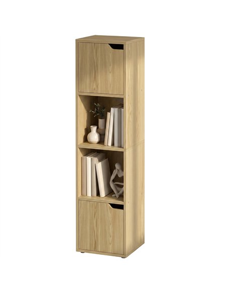 HOMCOM Narrow Bookcase, 4-Tier Bookshelf, Storage Cabinet with doors for Living Room, Bedroom, Oak - pic 184882 | FastDaddyshop