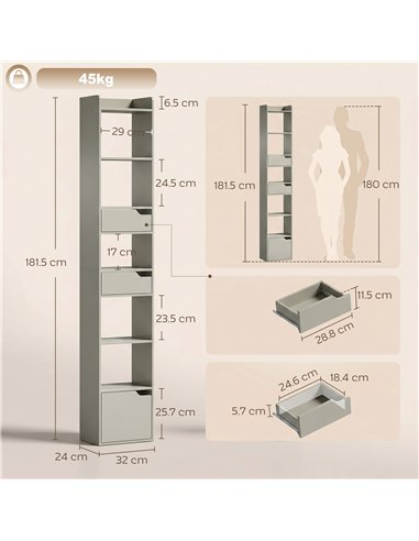 HOMCOM Bookcase Tall Narrow with 5 Tiers and Drawers Freestanding Bookshelf Storage Cabinet for Living Room Grey