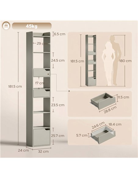 HOMCOM Bookcase Tall Narrow with 5 Tiers and Drawers Freestanding Bookshelf Storage Cabinet for Living Room Grey - pic 184885 | FastDaddyshop