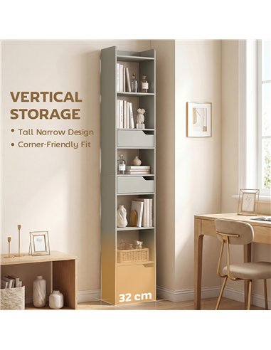 HOMCOM Bookcase Tall Narrow with 5 Tiers and Drawers Freestanding Bookshelf Storage Cabinet for Living Room Grey