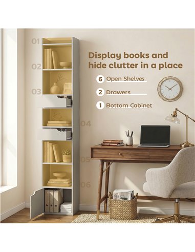 HOMCOM Bookcase Tall Narrow with 5 Tiers and Drawers Freestanding Bookshelf Storage Cabinet for Living Room Grey