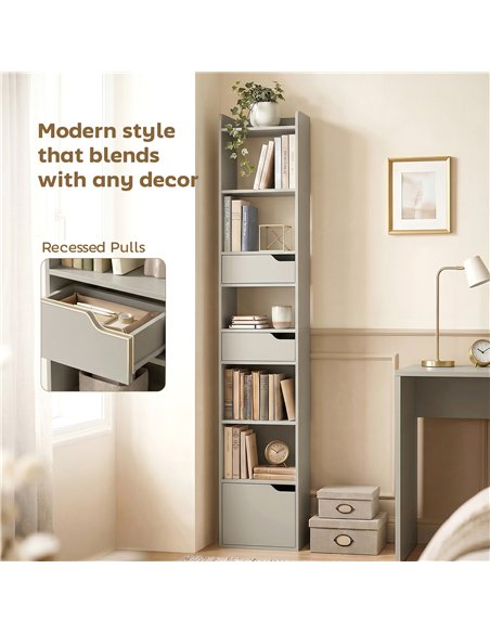 HOMCOM Bookcase Tall Narrow with 5 Tiers and Drawers Freestanding Bookshelf Storage Cabinet for Living Room Grey - pic 184888 | FastDaddyshop