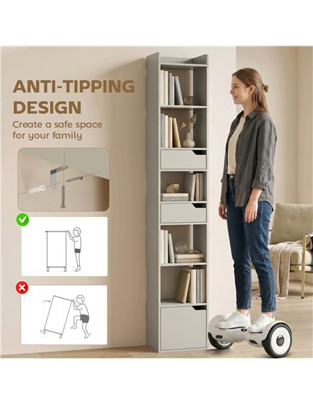 HOMCOM Bookcase Tall Narrow with 5 Tiers and Drawers Freestanding Bookshelf Storage Cabinet for Living Room Grey - pic 184889 | FastDaddyshop