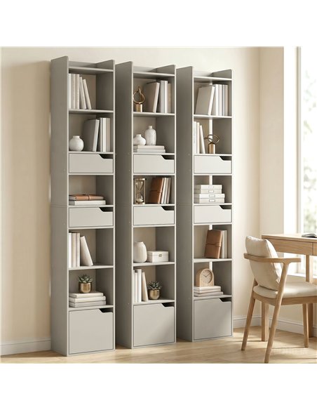 HOMCOM Bookcase Tall Narrow with 5 Tiers and Drawers Freestanding Bookshelf Storage Cabinet for Living Room Grey - pic 184890 | FastDaddyshop