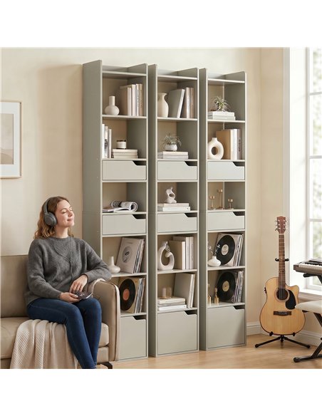 HOMCOM Bookcase Tall Narrow with 5 Tiers and Drawers Freestanding Bookshelf Storage Cabinet for Living Room Grey - pic 184891 | FastDaddyshop