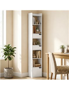 HOMCOM Bookcase Tall Narrow with 5 Tiers and Drawers Freestanding Bookshelf Storage Cabinet for Living Room White Wood Effect 2