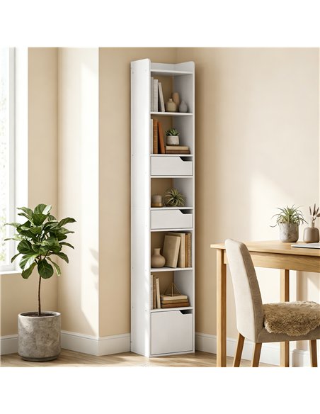 HOMCOM Bookcase Tall Narrow with 5 Tiers and Drawers Freestanding Bookshelf Storage Cabinet for Living Room White Wood Effect - pic 184893 | FastDaddyshop