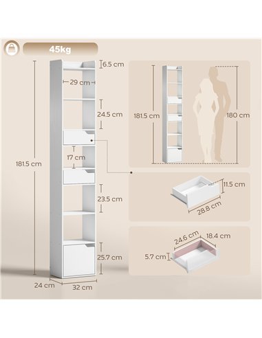 HOMCOM Bookcase Tall Narrow with 5 Tiers and Drawers Freestanding Bookshelf Storage Cabinet for Living Room White Wood Effect