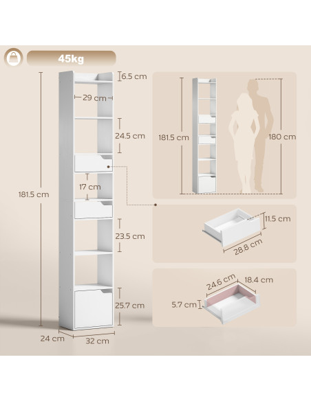 HOMCOM Bookcase Tall Narrow with 5 Tiers and Drawers Freestanding Bookshelf Storage Cabinet for Living Room White Wood Effect - pic 184894 | FastDaddyshop