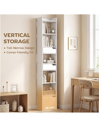 HOMCOM Bookcase Tall Narrow with 5 Tiers and Drawers Freestanding Bookshelf Storage Cabinet for Living Room White Wood Effect