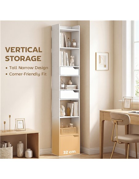 HOMCOM Bookcase Tall Narrow with 5 Tiers and Drawers Freestanding Bookshelf Storage Cabinet for Living Room White Wood Effect - pic 184895 | FastDaddyshop
