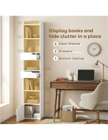 HOMCOM Bookcase Tall Narrow with 5 Tiers and Drawers Freestanding Bookshelf Storage Cabinet for Living Room White Wood Effect