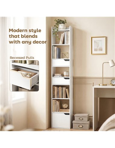 HOMCOM Bookcase Tall Narrow with 5 Tiers and Drawers Freestanding Bookshelf Storage Cabinet for Living Room White Wood Effect
