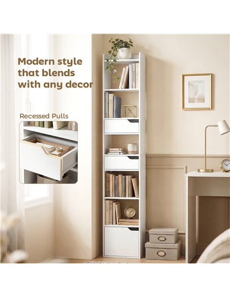 HOMCOM Bookcase Tall Narrow with 5 Tiers and Drawers Freestanding Bookshelf Storage Cabinet for Living Room White Wood Effect - pic 184897 | FastDaddyshop