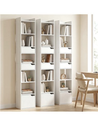 HOMCOM Bookcase Tall Narrow with 5 Tiers and Drawers Freestanding Bookshelf Storage Cabinet for Living Room White Wood Effect
