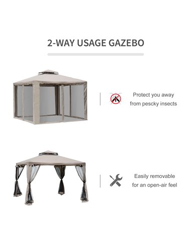 Outsunny Outdoor Garden Gazebo Tent, 2-tier Roof W/Netting, 295L x 295W x 263Hcm-Taupe