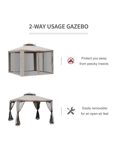 Outsunny Outdoor Garden Gazebo Tent, 2-tier Roof W/Netting, 295L x 295W x 263Hcm-Taupe - pic 18490 | FastDaddyshop