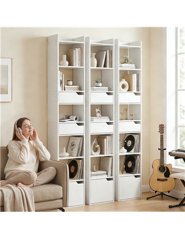 HOMCOM Bookcase Tall Narrow with 5 Tiers and Drawers Freestanding Bookshelf Storage Cabinet for Living Room White Wood Effect