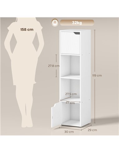 HOMCOM Narrow Bookcase, 4-Tier Bookshelf, Storage Cabinet with doors for Living Room, Bedroom, White