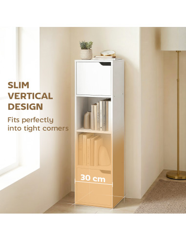 HOMCOM Narrow Bookcase, 4-Tier Bookshelf, Storage Cabinet with doors for Living Room, Bedroom, White