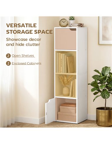 HOMCOM Narrow Bookcase, 4-Tier Bookshelf, Storage Cabinet with doors for Living Room, Bedroom, White