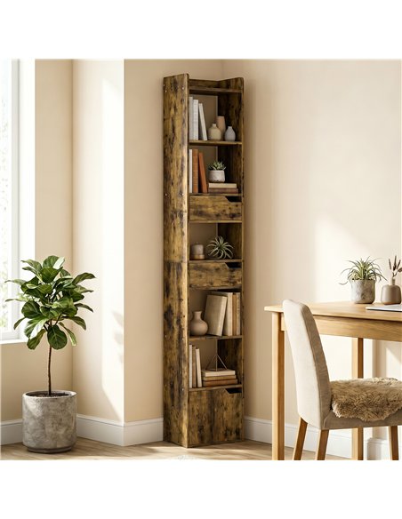HOMCOM Bookcase Tall Narrow with 5 Tiers and Drawers Freestanding Bookshelf Storage Cabinet for Living Room Rustic Brown - pic 184911 | FastDaddyshop