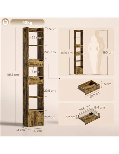 HOMCOM Bookcase Tall Narrow with 5 Tiers and Drawers Freestanding Bookshelf Storage Cabinet for Living Room Rustic Brown