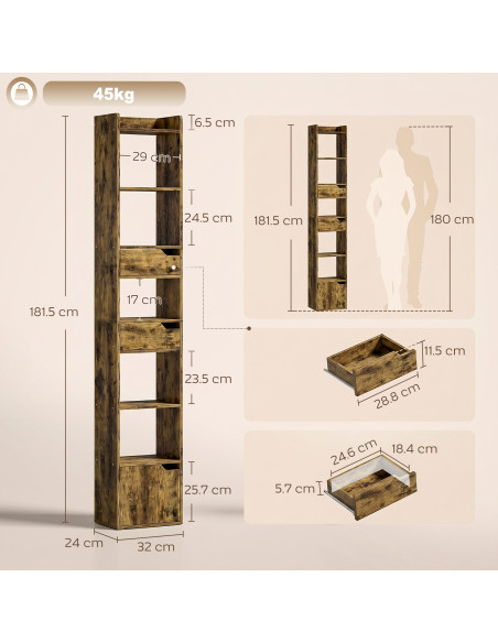 HOMCOM Bookcase Tall Narrow with 5 Tiers and Drawers Freestanding Bookshelf Storage Cabinet for Living Room Rustic Brown - pic 184912 | FastDaddyshop