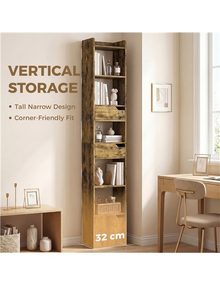 HOMCOM Bookcase Tall Narrow with 5 Tiers and Drawers Freestanding Bookshelf Storage Cabinet for Living Room Rustic Brown - pic 184913 | FastDaddyshop