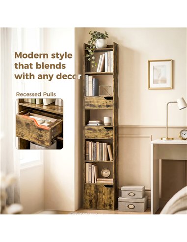HOMCOM Bookcase Tall Narrow with 5 Tiers and Drawers Freestanding Bookshelf Storage Cabinet for Living Room Rustic Brown