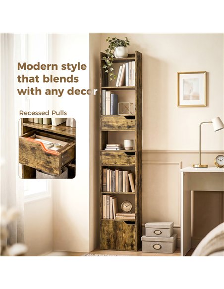 HOMCOM Bookcase Tall Narrow with 5 Tiers and Drawers Freestanding Bookshelf Storage Cabinet for Living Room Rustic Brown - pic 184914 | FastDaddyshop